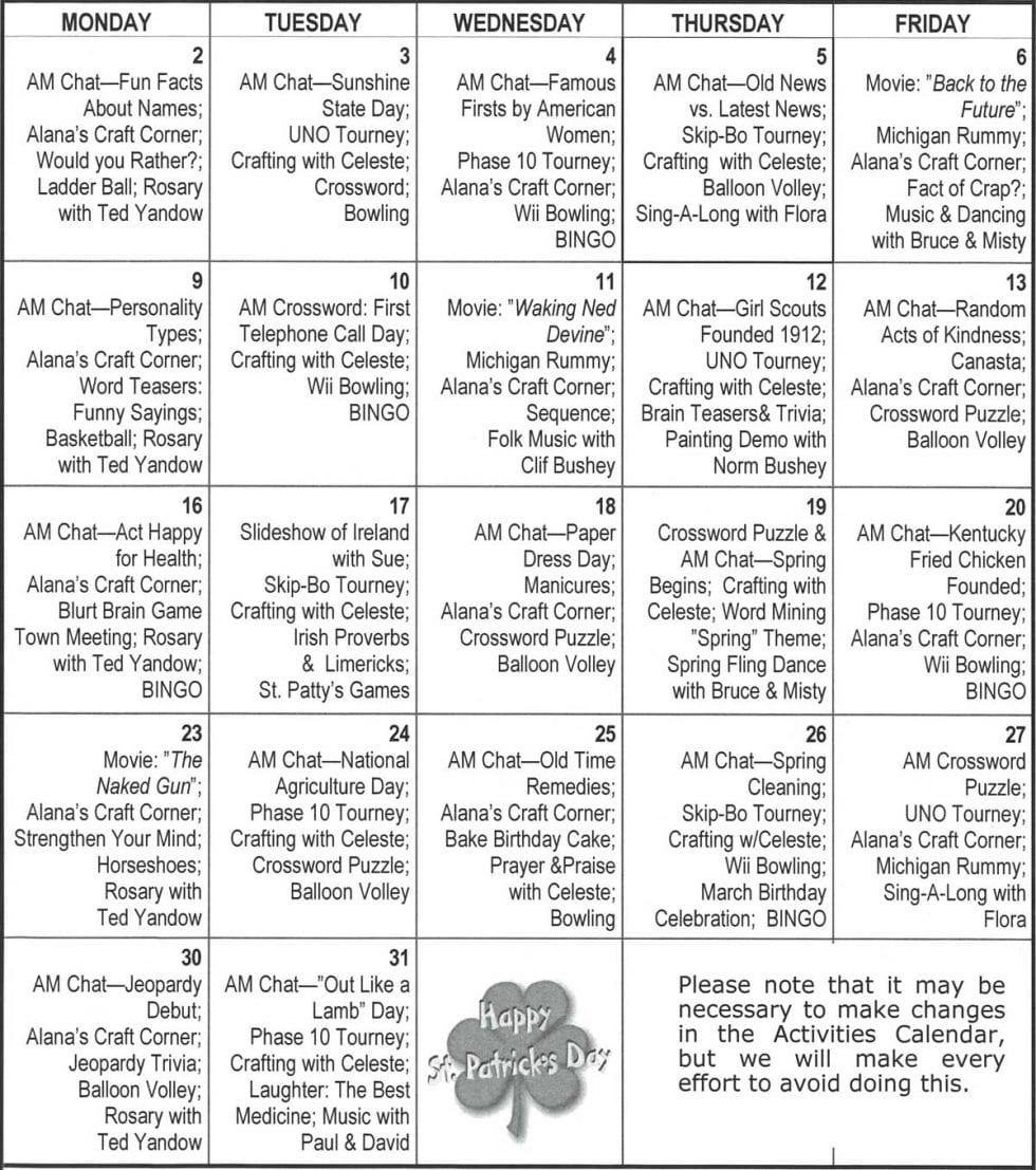 Activities Calendar Care Partners